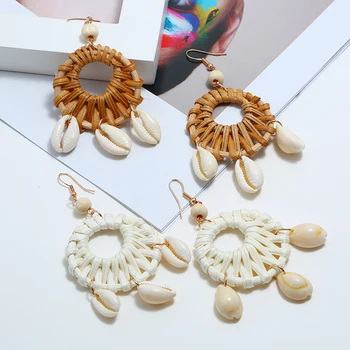 

fashion creative beach rattan knit hollow round statement earrings for women with shell pendant female kolczyki oorbellen