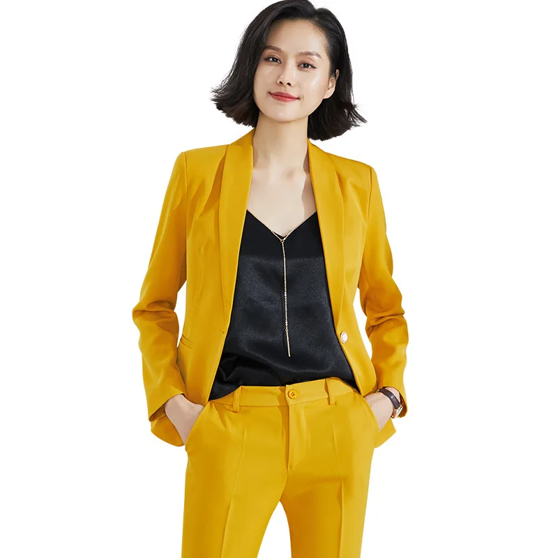 Flash Sale Pant Suit 2019 for Woman S 5XL Plus Size 2 Piece Set Yellow Blazer Jacket Yellow Trousers Costume Blazer Pants Suit Set ow0518