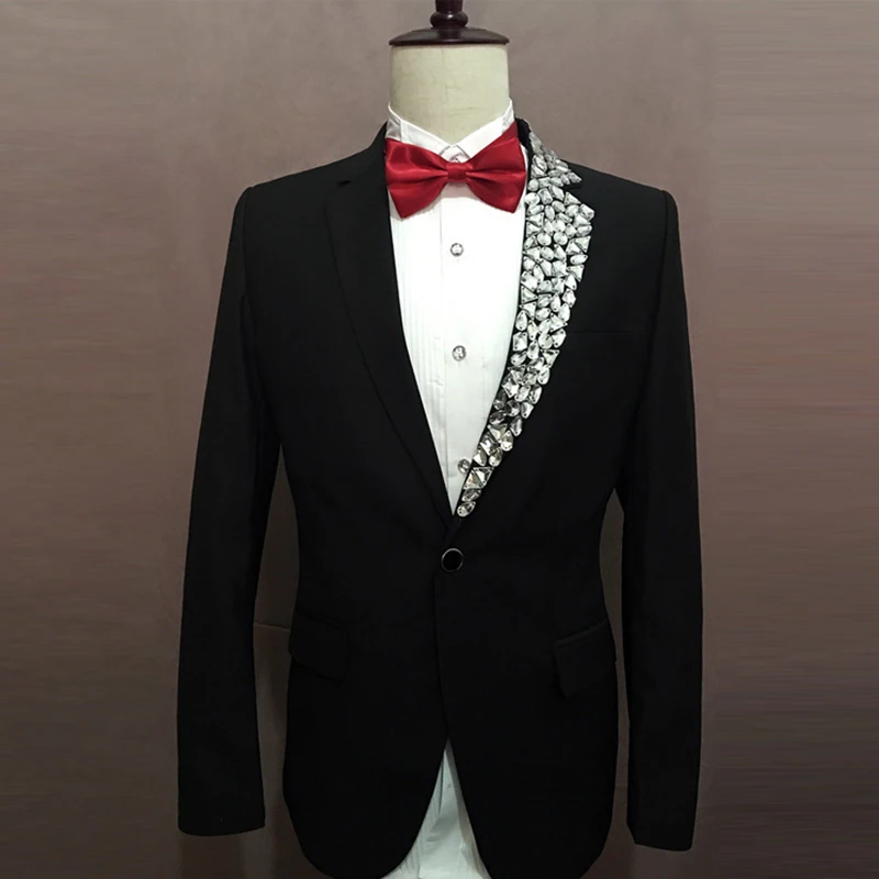 Luxurious Glitter Rhinestone Mens Bridegroom Groomsmen Suits Male Master Stage Costumes Singer 