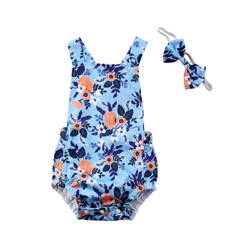

0-18M Floral Newborn Infant Baby Girl Summer Clothes Sleeveless Back Cross Flower Romper Jumpsuit Headband 2PCS Outfits Sunsuit