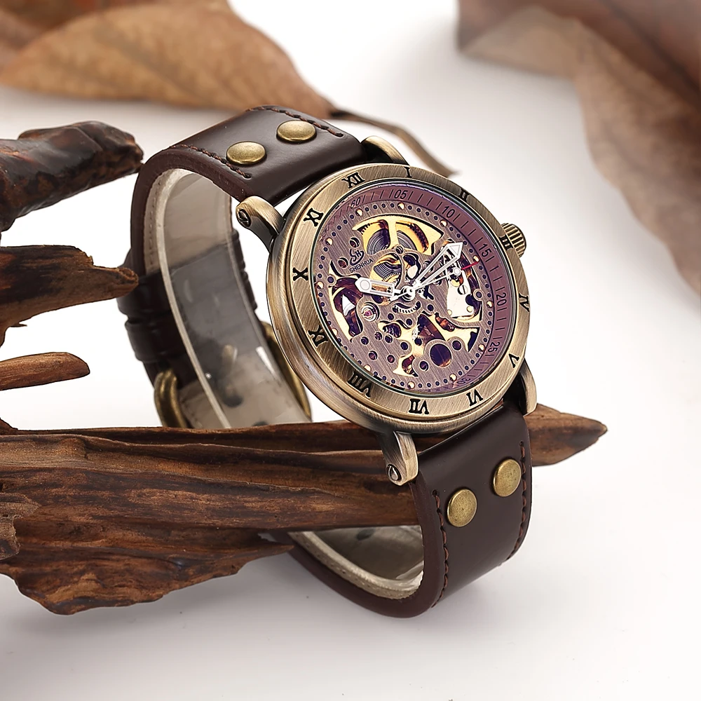 SHENHUA reloj mecanico часы скелета мужские бронзовые механические Автоматические