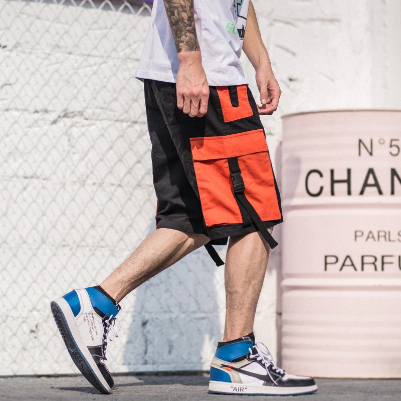 Харадзюку шорты Уличная летняя хип-хоп карго короткий карман мужские короткие Jogger хлопок спортивные брюки Повседневная Хип-хоп фестончатая лента