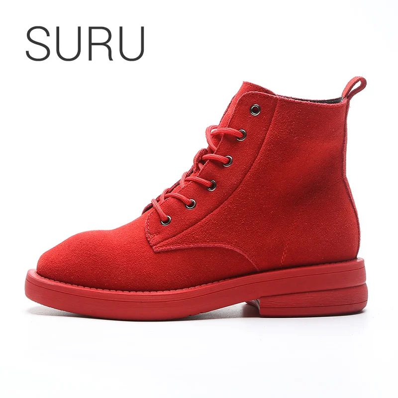 

SURU Women Suede Motocross Boots Ladies Lace Up Top High Short Plush Lining Winter Boots Red / Black