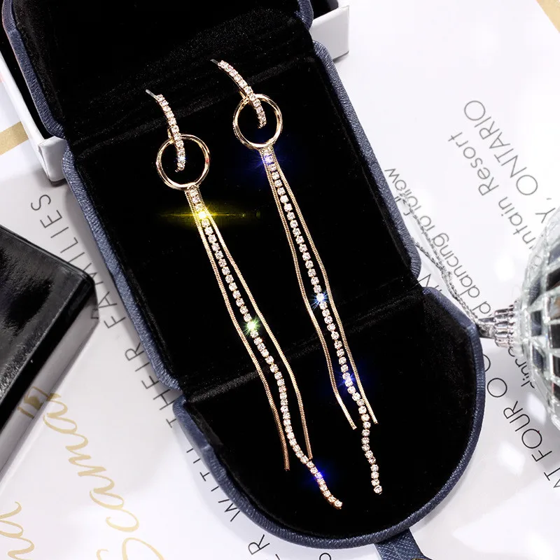 DREJEW Korean Long Tassel Statement Circle Earrings 925 Gold Silver Blue Rose Alloy High Street Fashion Drop Earrings for Women - Metal Color: gold