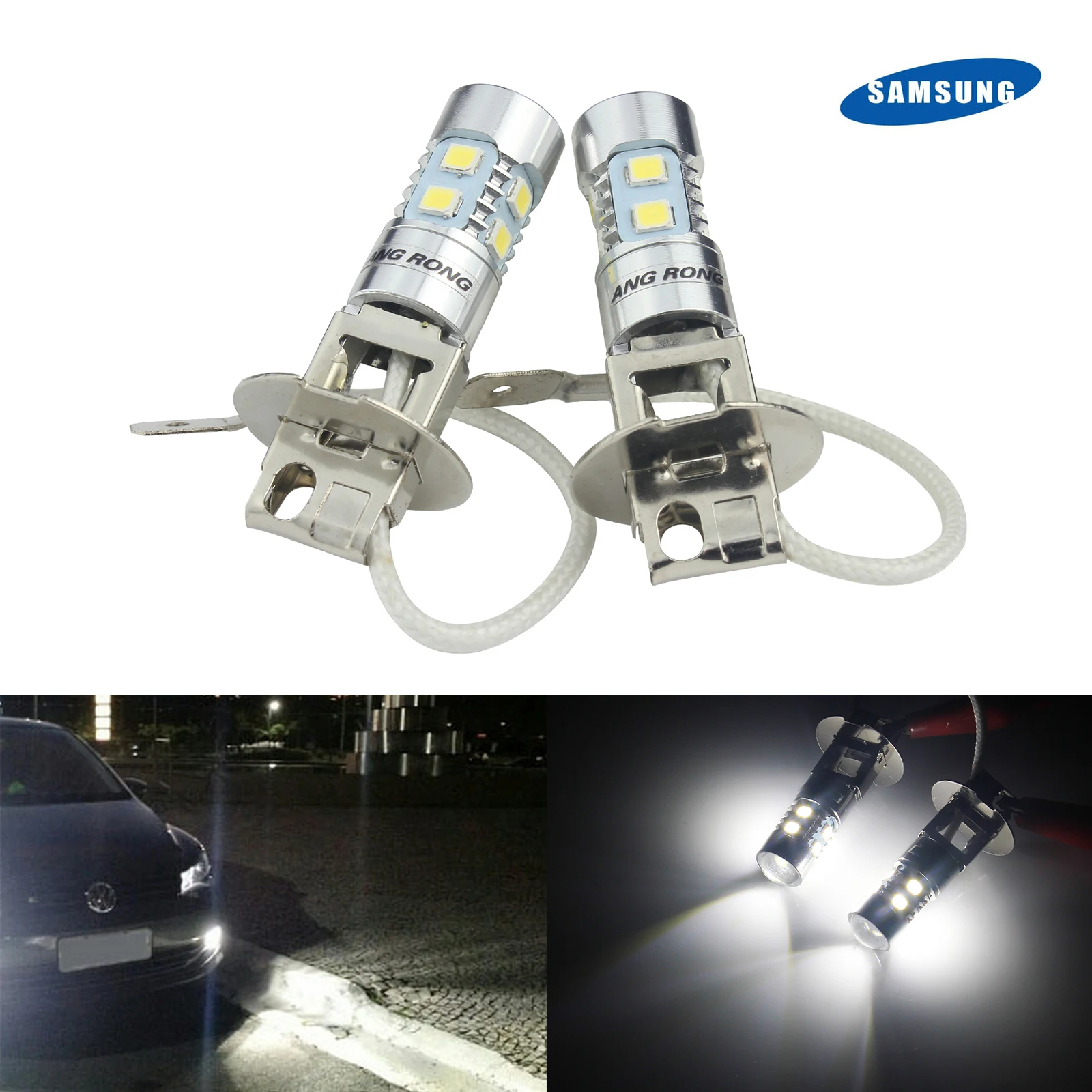 

ANGRONG 2x H3 453 Bulb 10 SMD SAMSUNG LED Projector Head Daytime Running Fog Light DRL