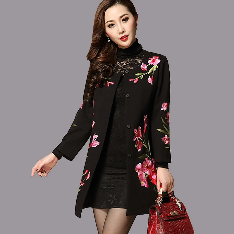 Autumn winter new female jacquard woolen coat womens black national wind silm floral printing embroidery long coat M to 4XL