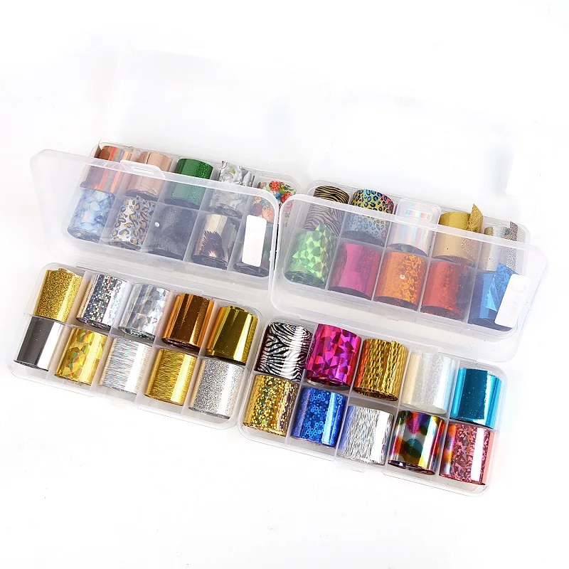 

New 10 pcs/set 2.5*100cm Holographic Nail Art Transfer Foil Stickers Paper Starry AB Color UV Gel Wraps Nail Adhesive Decals
