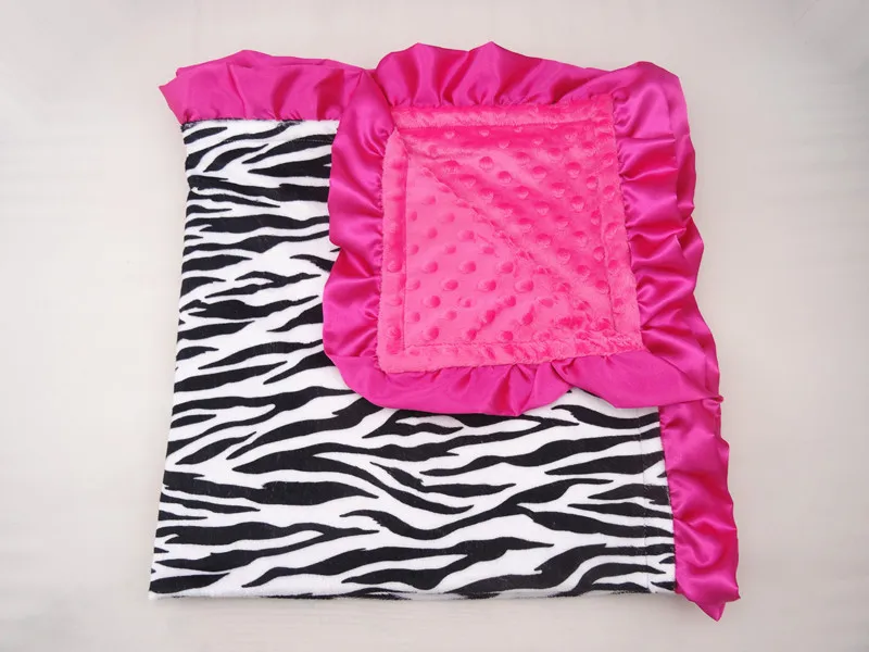 New Born Baby Blanket Zebra Minky Print With Hot Pink Dots Satin