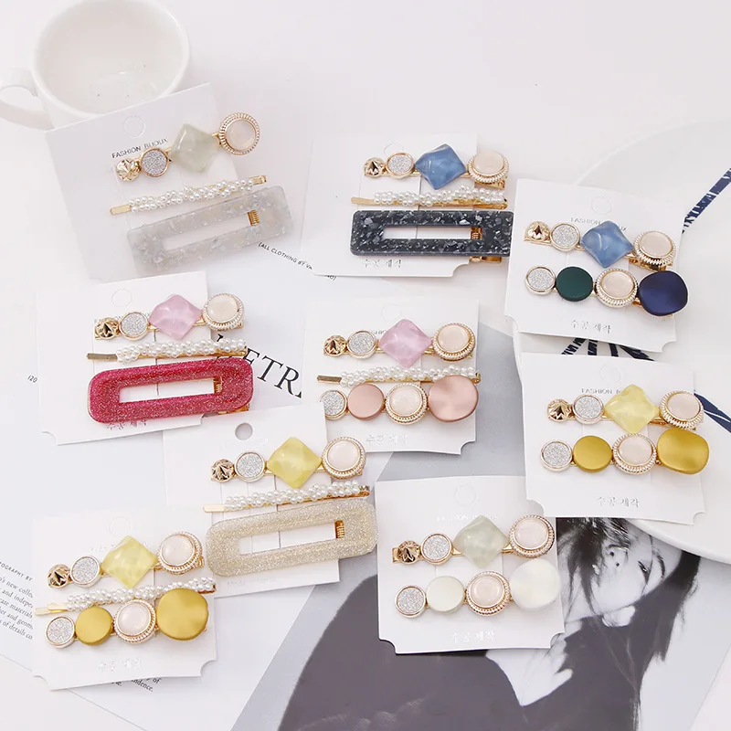 

2-3Pcs/set New Women Pearls Barrettes Headwear Set Crystal Macarons Hairpins Girls Geometric Hair Clips Fashion Hair Accessories