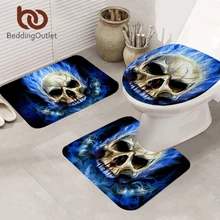 BeddingOutlet Flamme Schädel Bad Matte 3 teile/satz Nicht-slip Gothic Matte Set Blau Feuer Wc Abdeckung Saugfähigen Teppiche Hause decor 50x80cm