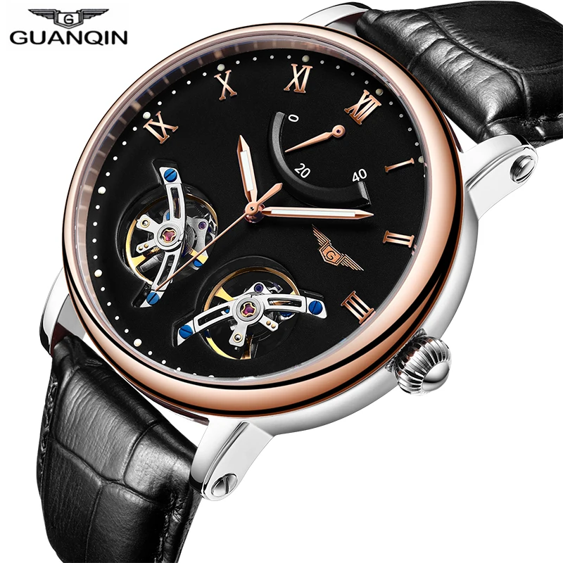 GUANQIN двойной Tourbillon стиль автоматические механические часы для мужчин