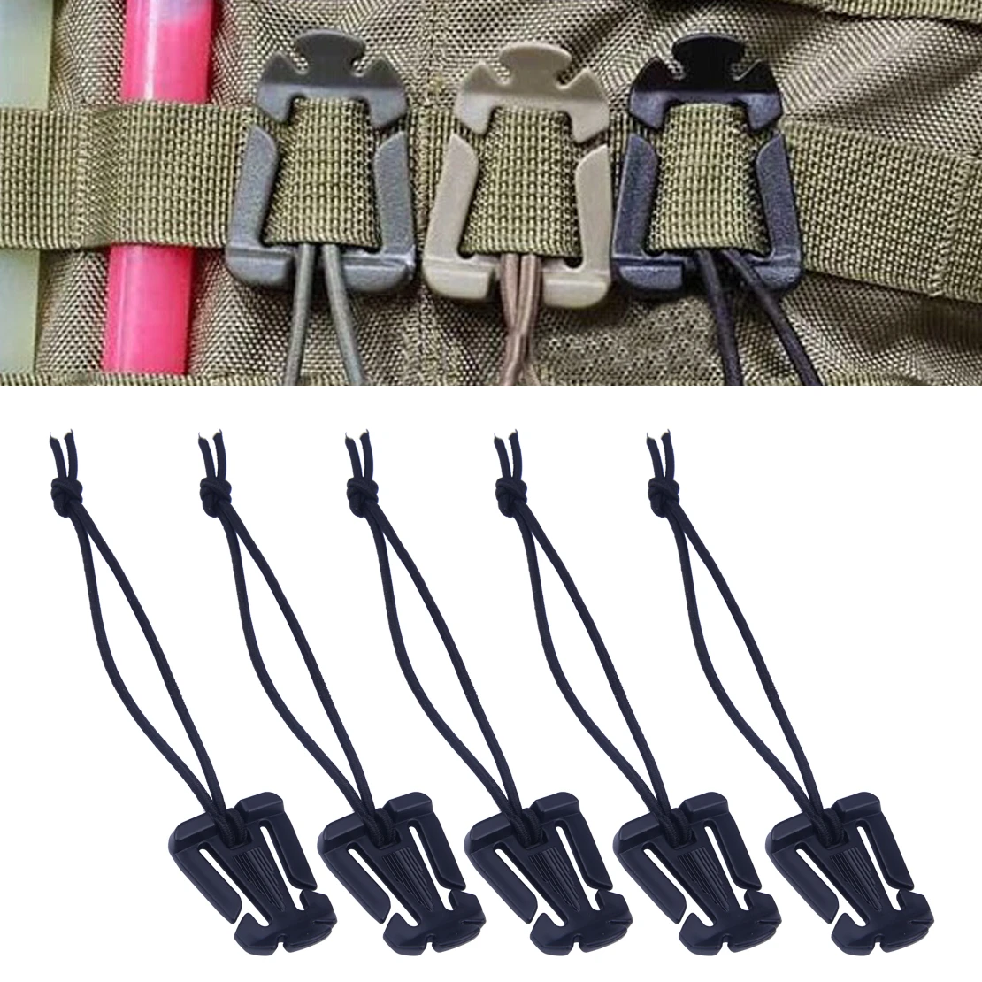 10x Molle Webbing Tactical Cord Clips Buckle Elastic Tie-down Strap，Carabiner^