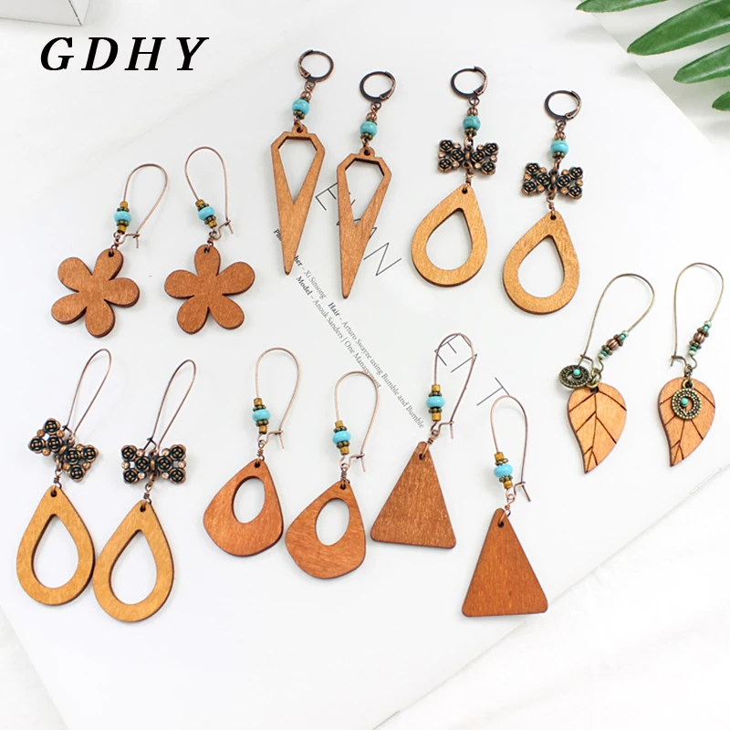 

GDHY Simple Geometric Wood Shape Pendant Earrings Triangle Rhombus Drop Leaf Shape Bow Drops Earrings Bohemian Women Jewelry