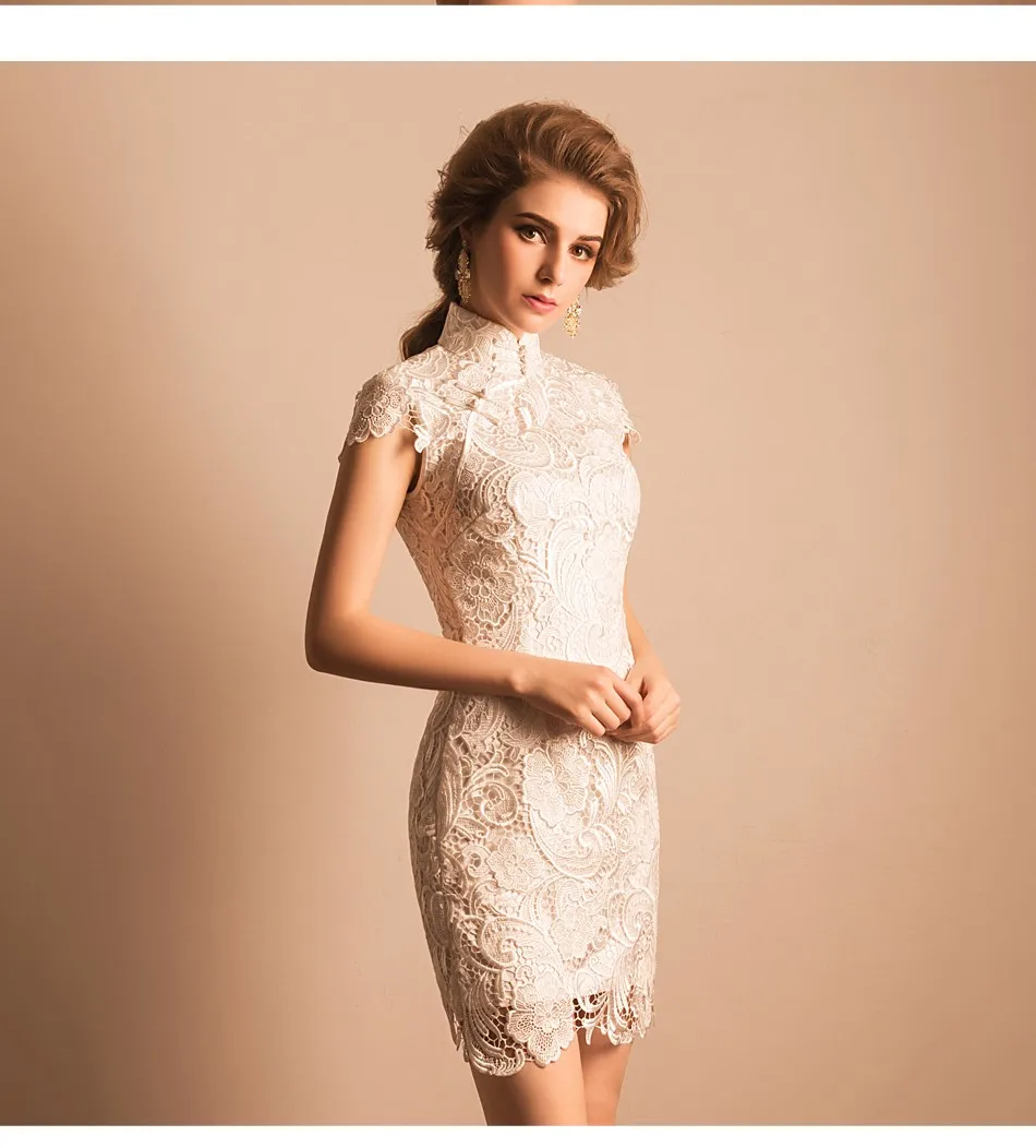 chinese shanghai white lace short cheongsam qipao chi pao dresses elegant plus size hot new (15)
