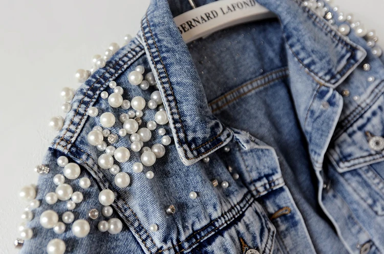 Spring Autumn Women Basic Coats Women Denim Jacket Pearls Beading Fashion Jeans Coat Loose Long Sleeve Jackets 898