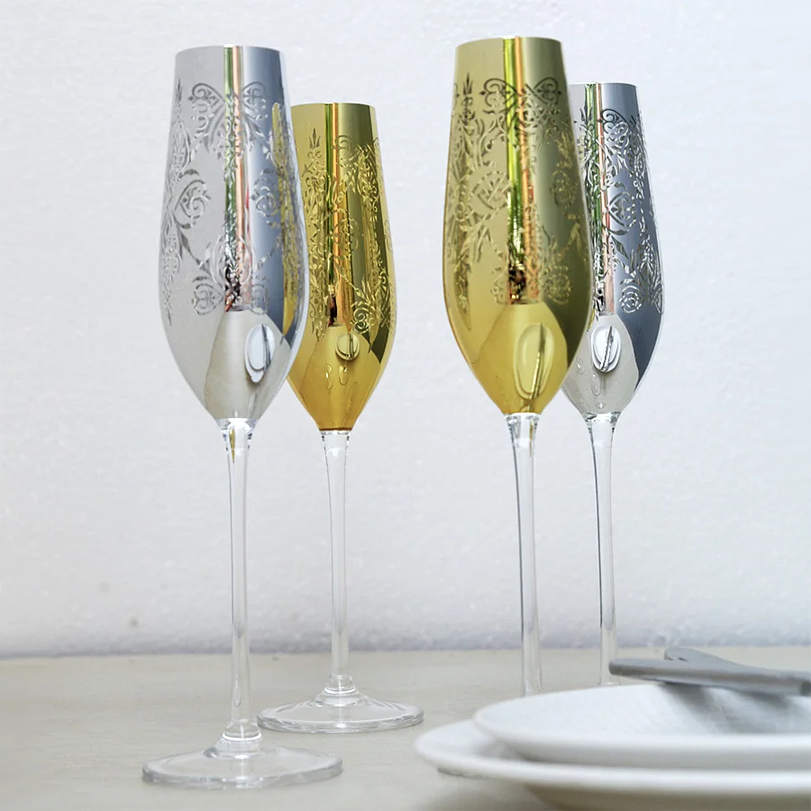 Шампанское стекло свадебное вино очки Золотое и Серебряное гравированное Кристалл Кружки винного цвета вечерние для свадьбы шампанского флейты свадебный подарок