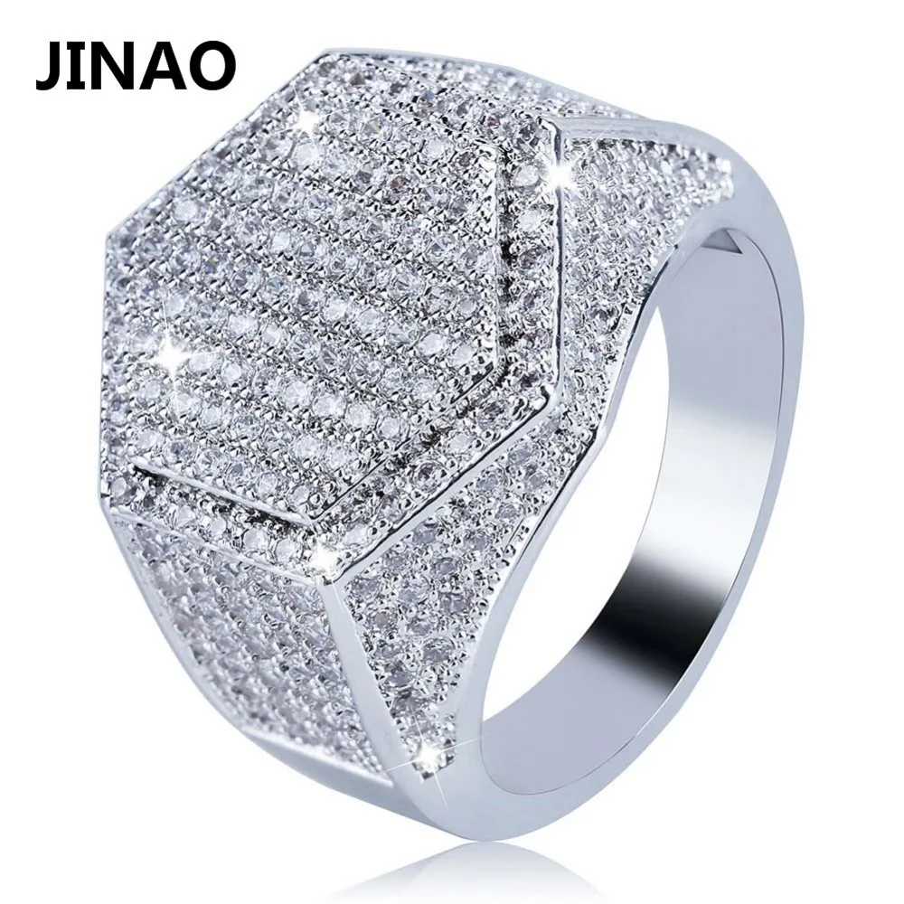 

JINAO Hip Hop Fashion Hexagon Ring Copper Gold Silver Color Plated Iced Out Micro Pave Cubic Zircon Charm Ring for Men Women