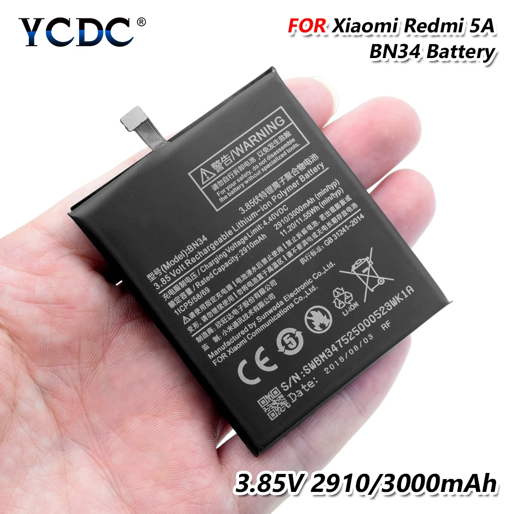 

Rechargeable Battery Original BN34 BN-34 BN 34 Replacement Phone Battery For Xiaomi Redmi 5A 3.85V 3000MAH Long Cycle-Life Cell
