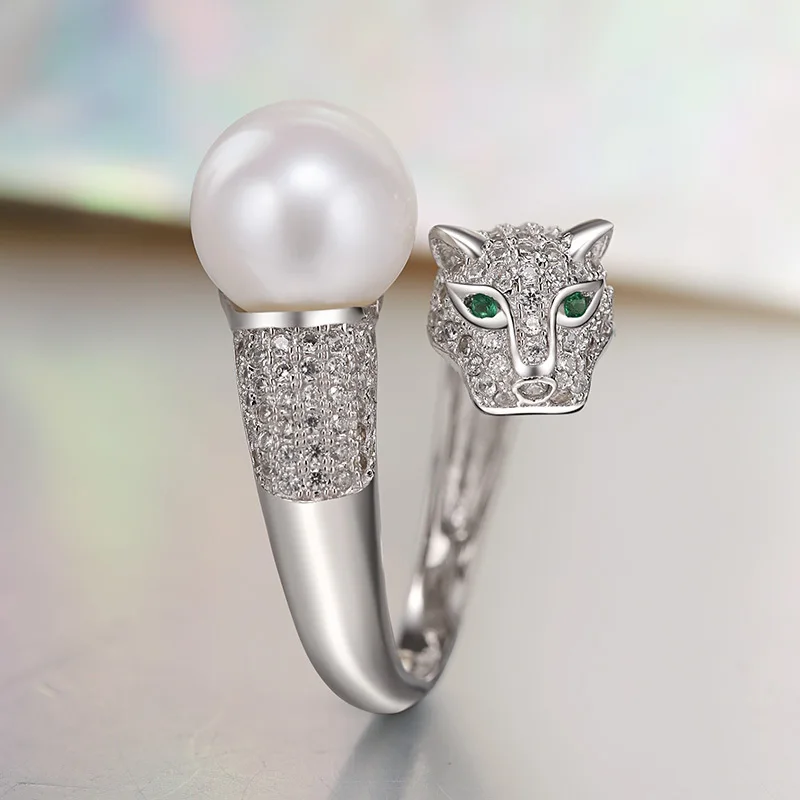 

Freshwater Cultured Pearl Ring 925 Sterling silver Panther Leopard Fashion Fine Elegant Women's Jewelry Queen Birthstone Gift