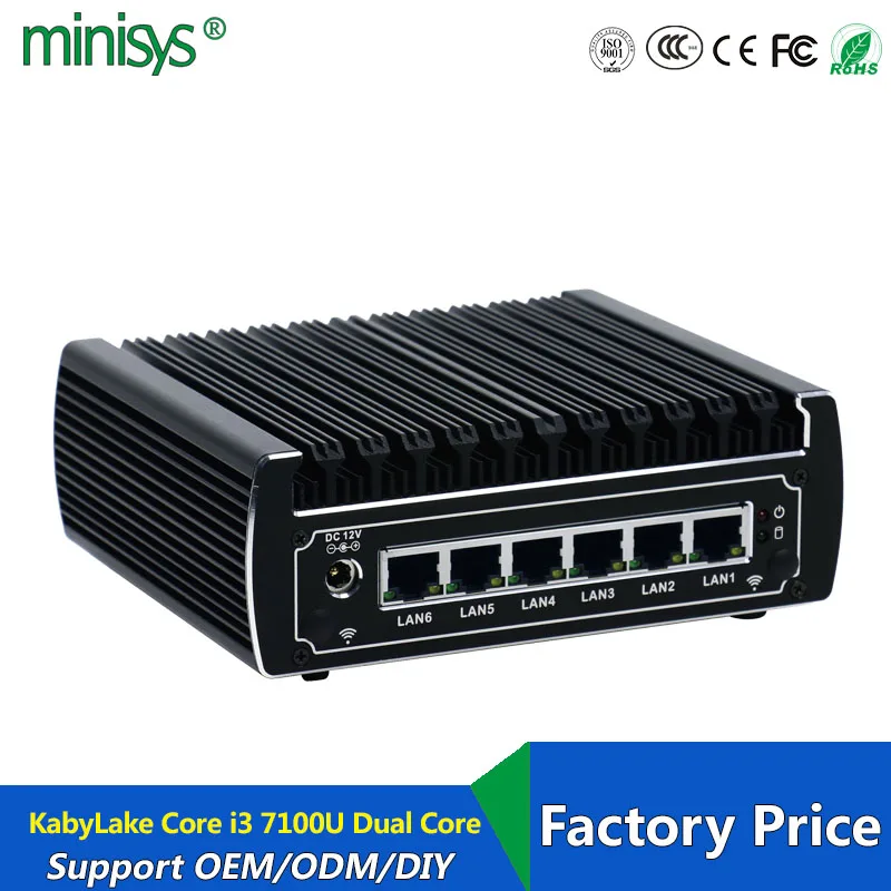 6 Ethernet LAN безвентиляторный pfsense мини-ПК Intel kaby Lake core i3 7100u DDR4 ОЗУ AES-NI сервер linux межсетевой экран для компьютера для окна 10