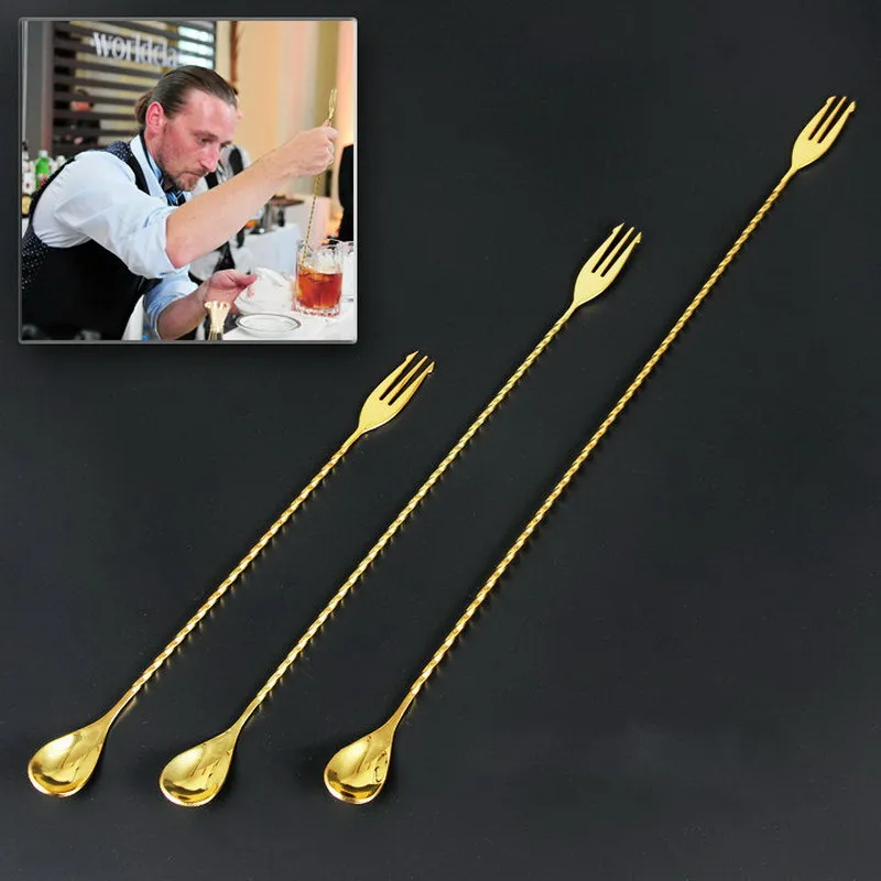 Creative golden anti-fork long metal bar spoon fork bar stirring cocktail spoon