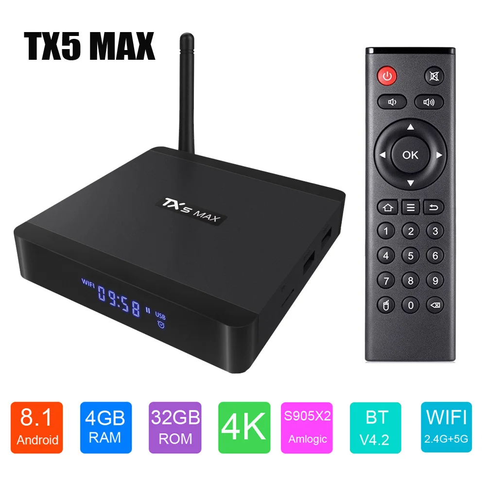 

TX5 MAX DDR4 4GB RAM 32GB ROM Android 8.1 TV Box Amlogic S905X2 Quad Core 2.4G+5G WiFi BT4.2 1000M LAN 4K HDR Smart Box TX5MAX