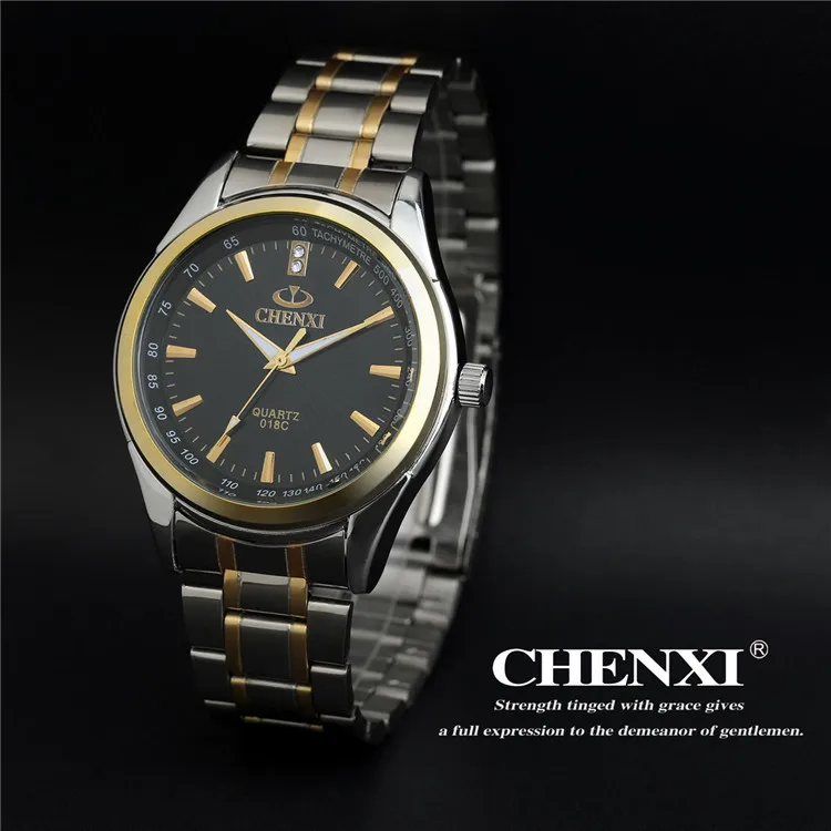 CHENXI брендовые модные роскошные часы, мужские повседневные часы из нержавеющей стали, золотой подарок, кварцевые мужские наручные часы, Relogios Masculinos Famosas - Цвет: Black Dial