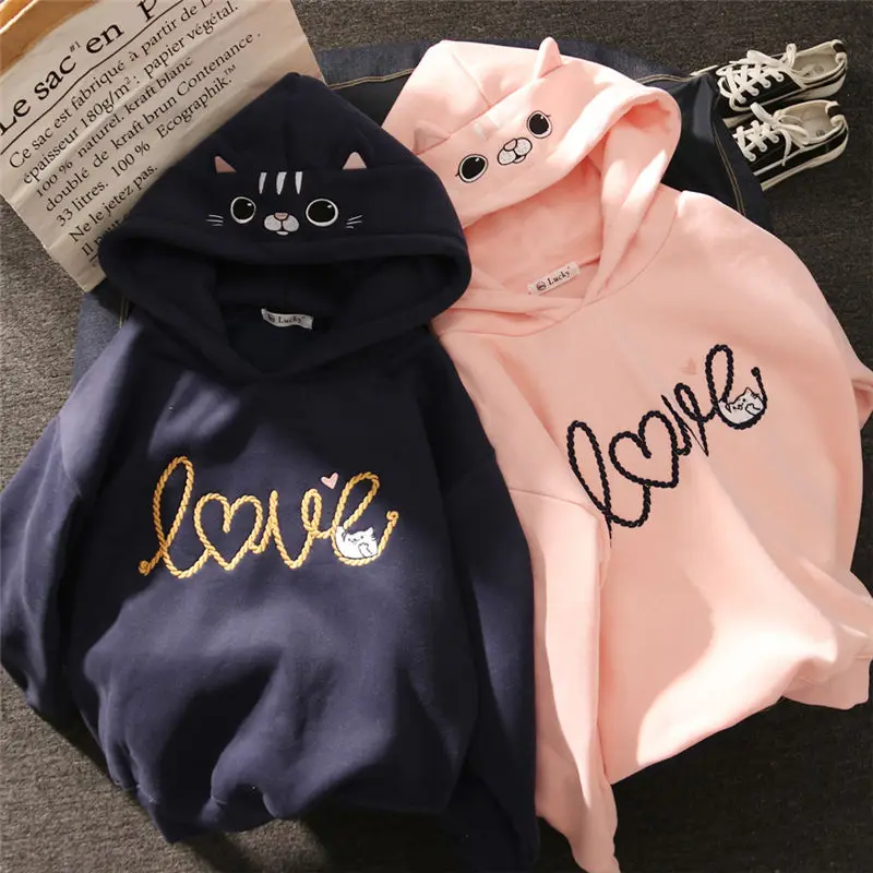  Women Hoody Women Cute Cat Hoodie Long Sleeve Elastic Warm Winter Plush Coat Student 2019 Fashion T