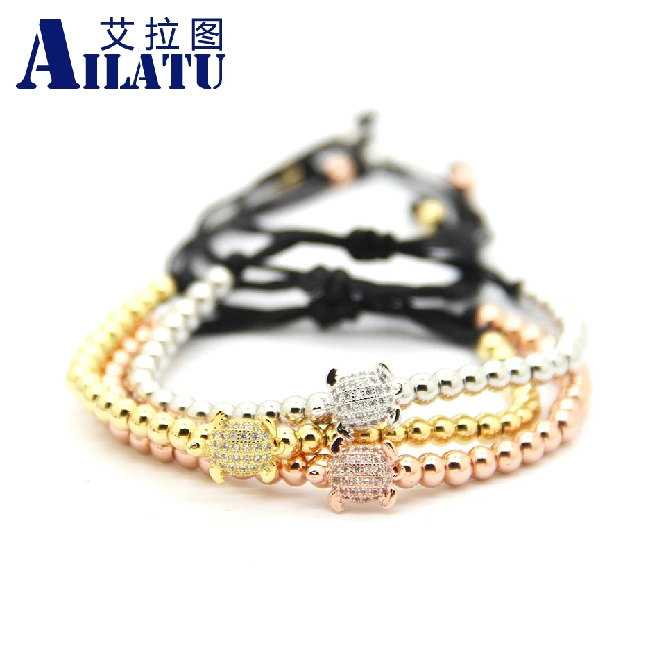 

Ailatu Jewelry Clear CZ Tortoise Charm Braiding Macrame Animal Bracelet with 4mm Stainless Steel Beads