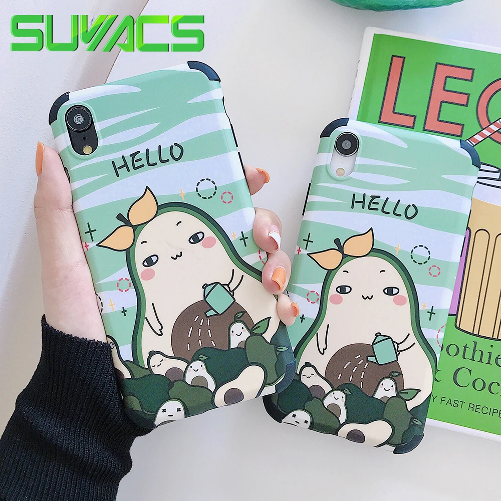 

SUYACS Cute Letters "Hello'' Cartoon Avocado Anti-knock Case For iPhone XS MAX XR X 6 6S 7 8 Plus Phone Back Cover Case Coque