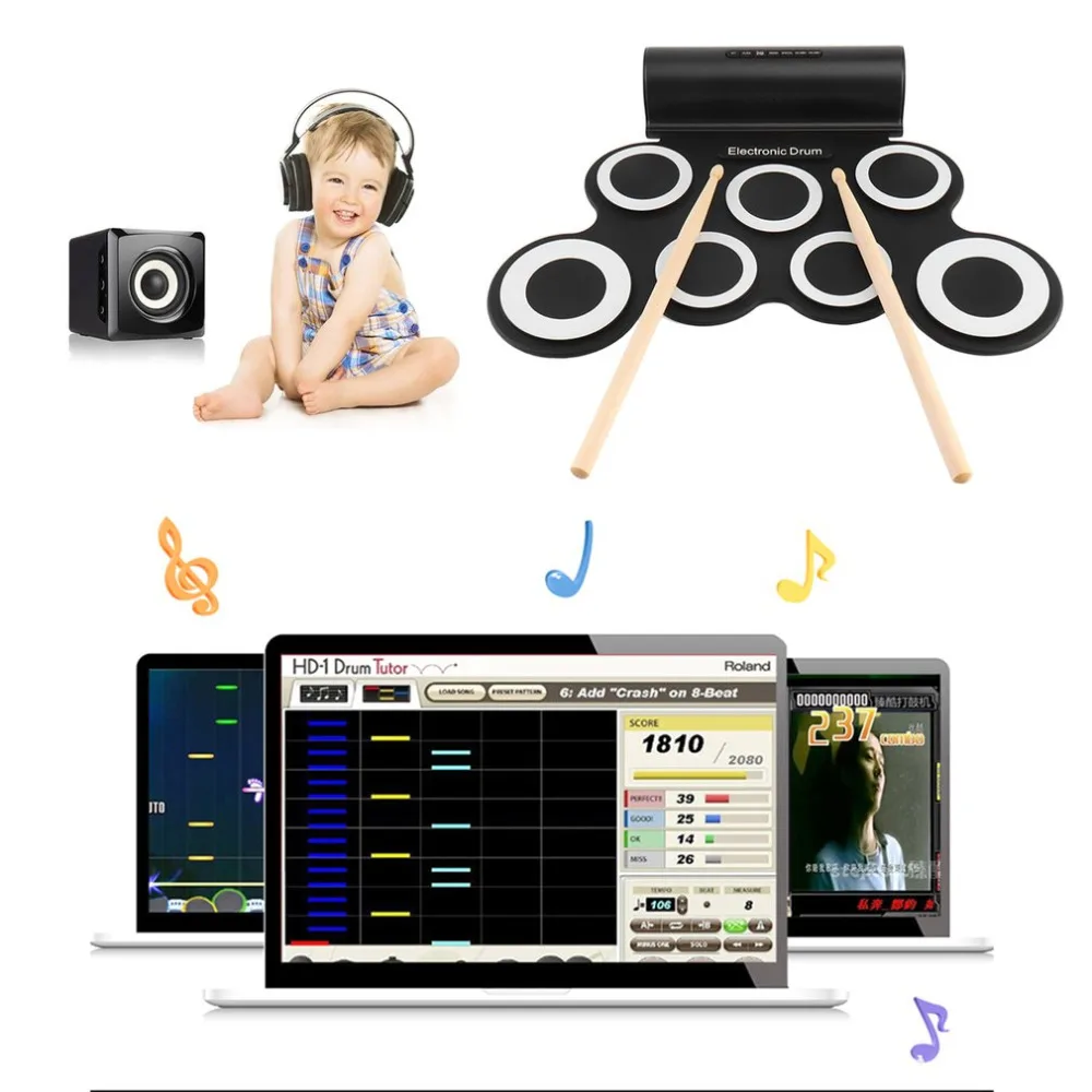 

Electronic Roll Drum Pad Built-In Speakers Digital Drum With Audio Cable Foot Pedals USB Charging Musical Instrument Silicone