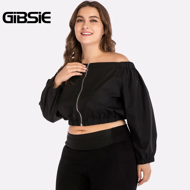 GIBSIE/женская одежда больших размеров, черный топ с открытыми плечами, футболки 4XL, Осенний женский короткий топ с длинными рукавами, Уличная Повседневная футболка