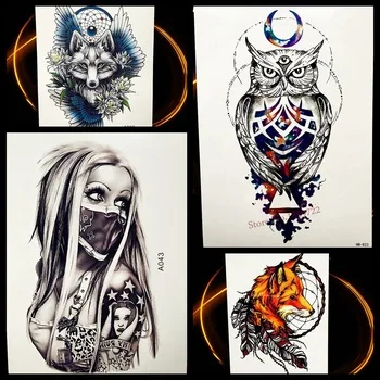 Geometry God Owl Temporary Tattoo Stickers Arabic Moon Totem Islam Moslem Tattoo For Women, Waterproof Henna Tatoo Water Color