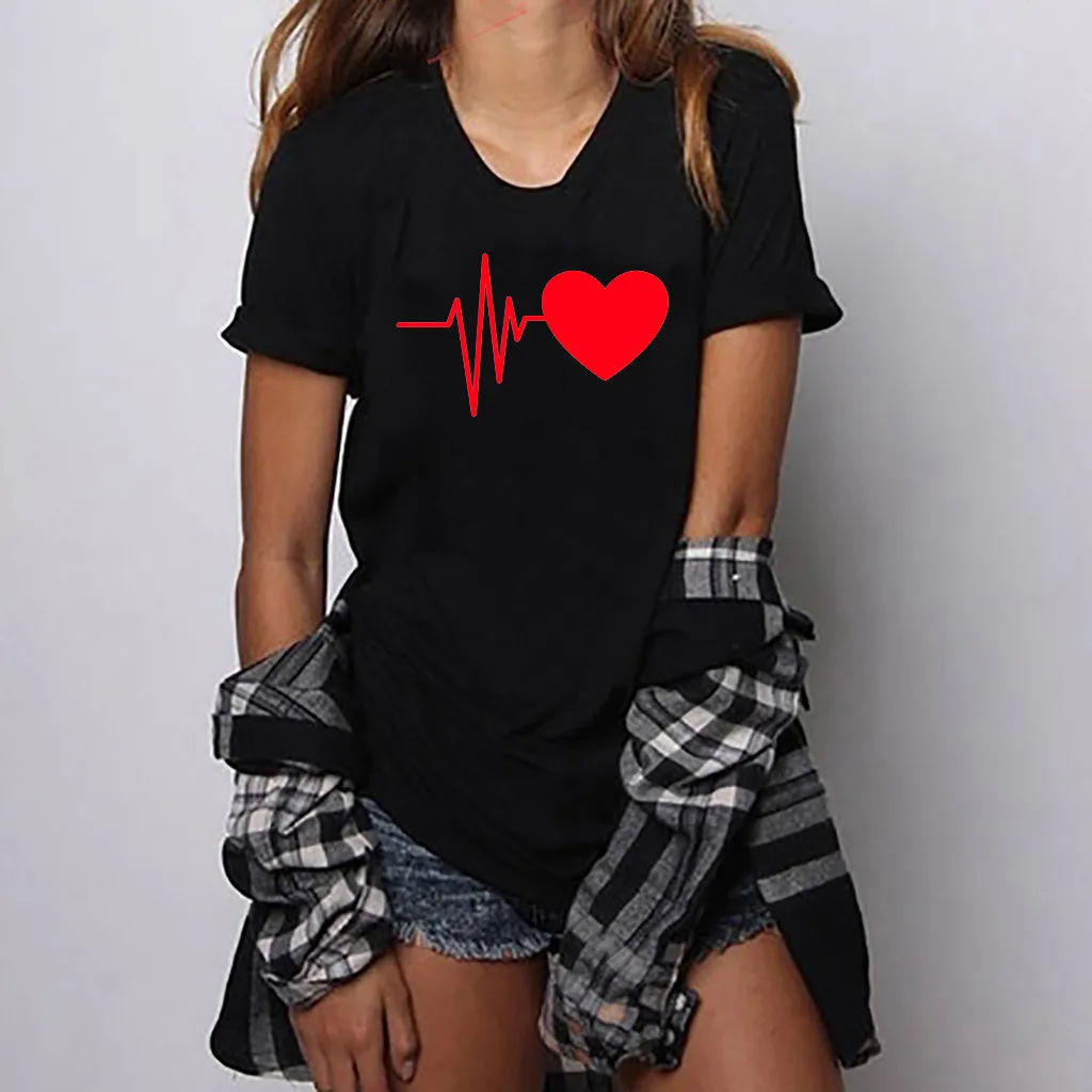 Женская блузка футболка Летняя модная свободная футболка с короткими рукавами и принтом сердца для девочек Повседневная футболка с круглым вырезом для женщин, девочек#39
