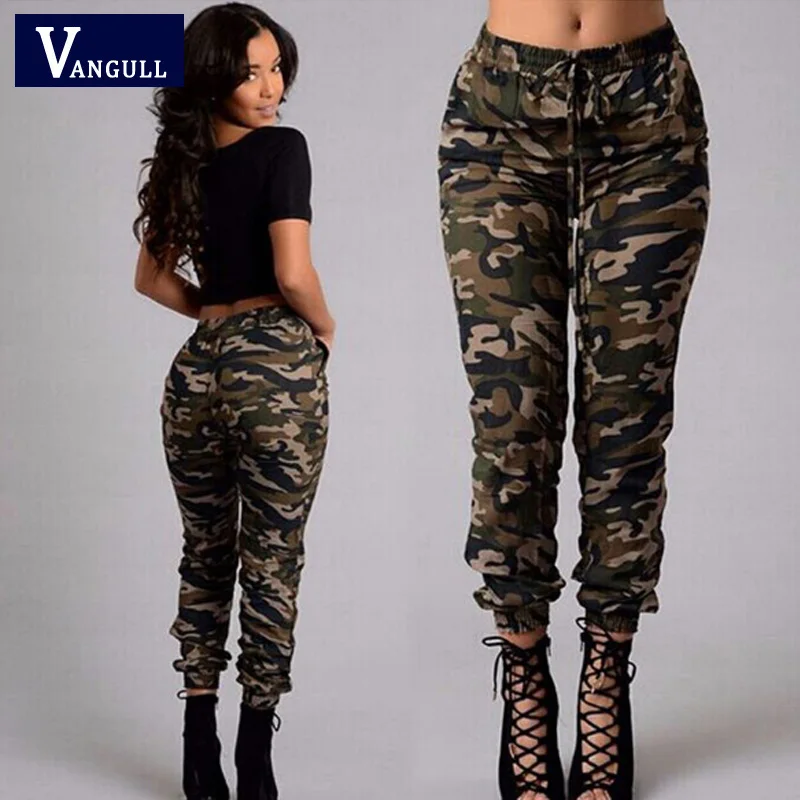 

Vangull Streetwear Camouflage Pants Women Cargo Pants Plus Size Elastic High Waist Trousers Women Army Green camouflage pants