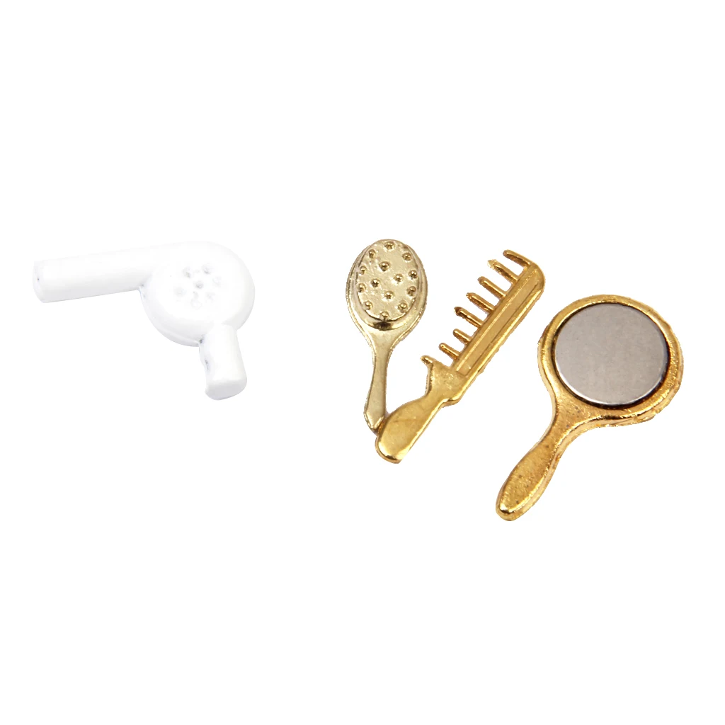 4pcs Dolls House Miniature 1:12 Plastic Hair Dryer, Mirror & Comb Bathroom Supplies Set