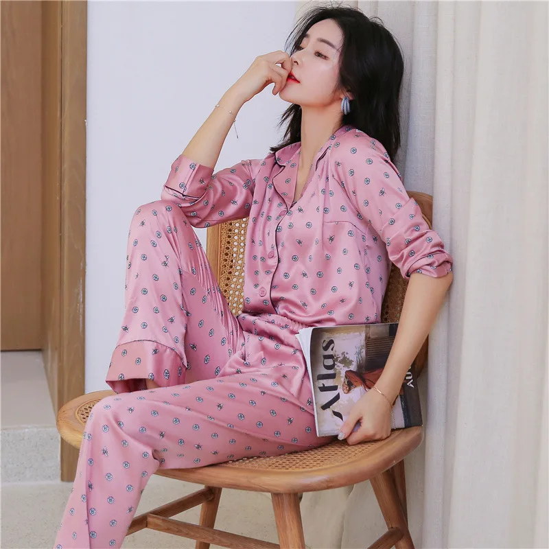

Spring Korean Version Printing Pattern Women Pajama Set Rayon Sleepwear Ice Silk Loungewear Long Sleeve Trousers Two Paper Suit