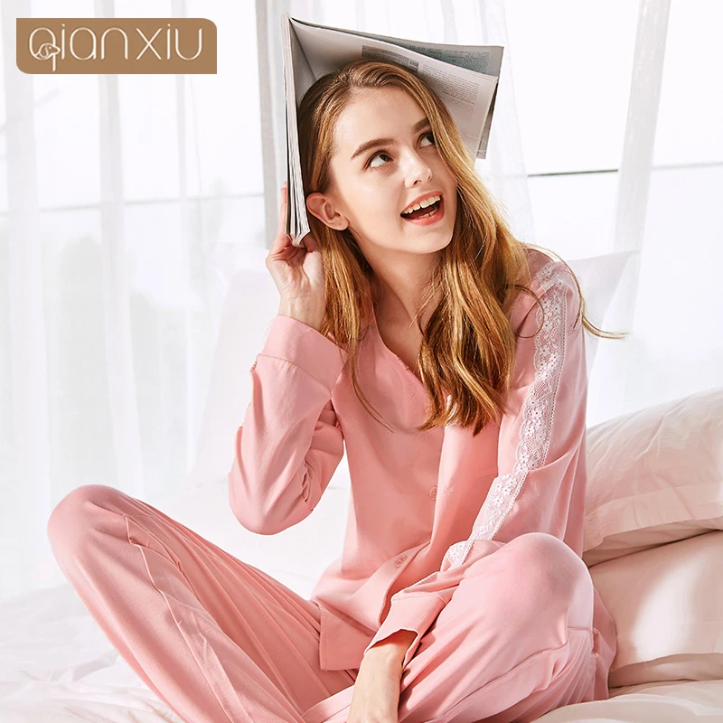 

2019 Women Autumn Pajama sets Female Cotton Sleepwear suit Women V-neck collar t shirt & Pants Lace Patchwork Nighty Pijama XXL