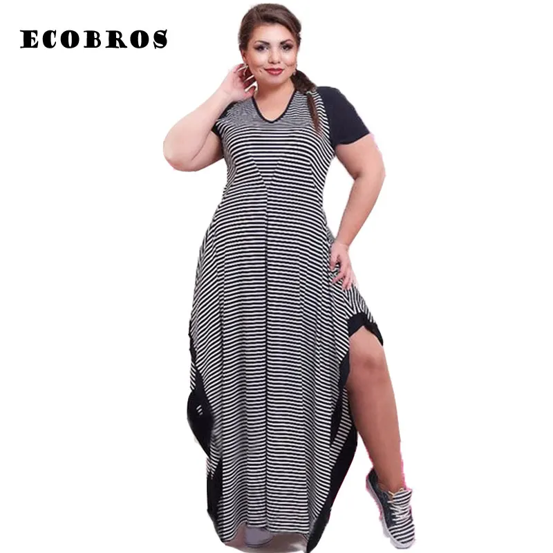 

ECOBROS Big size 6XL Fat MM Woman Summer Dress black and white striped Loose split long dresses plus size women clothing 6xl