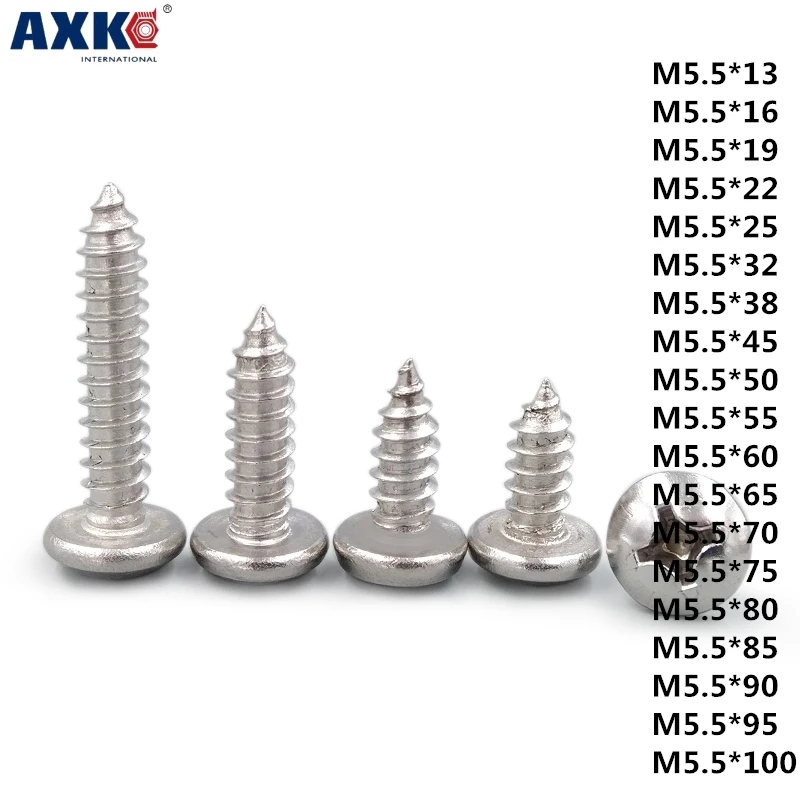 AXK 1pcd 304 stainless steel pan head / round head self-tapping wood screw M5.5 *13-100mm