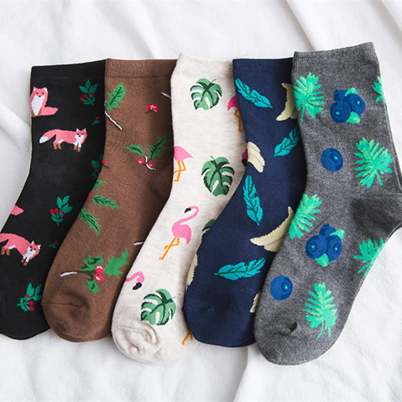 Размер для взрослых, свежие хлопковые носки, носки с изображением растений монстеры, черники, лисы, бананов, фламинго, цветочной флоры, вентилируемые листья редиски