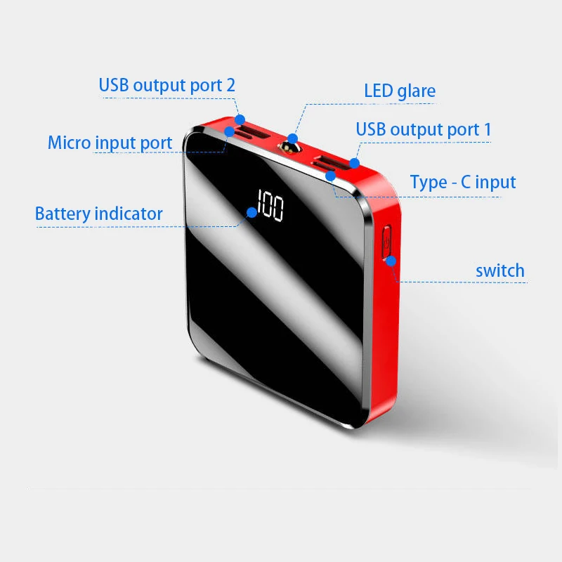 Новейший 10000 мАч Мини Внешний аккумулятор с зеркальным экраном, цифровой дисплей, повербанк, внешний аккумулятор, внешний аккумулятор для смартфонов