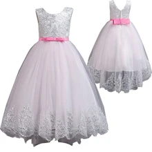 Белое кружевное платье без рукавов с большим бантом и высокой талией; платье с цветочным узором для девочек; элегантное платье-пачка принцессы; Вечерние платья на День рождения; WG1380