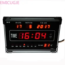 Красный почасовой Chime светодиодный цифровой настенные часы с календарем дни недели и Дата температура рабочего стола электрическая Сигнализация часы украшение для дома
