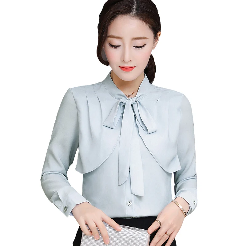 Bow Decor Lady Chiffon White Blouses Plus Size S 4XL Long Sleeve Solid