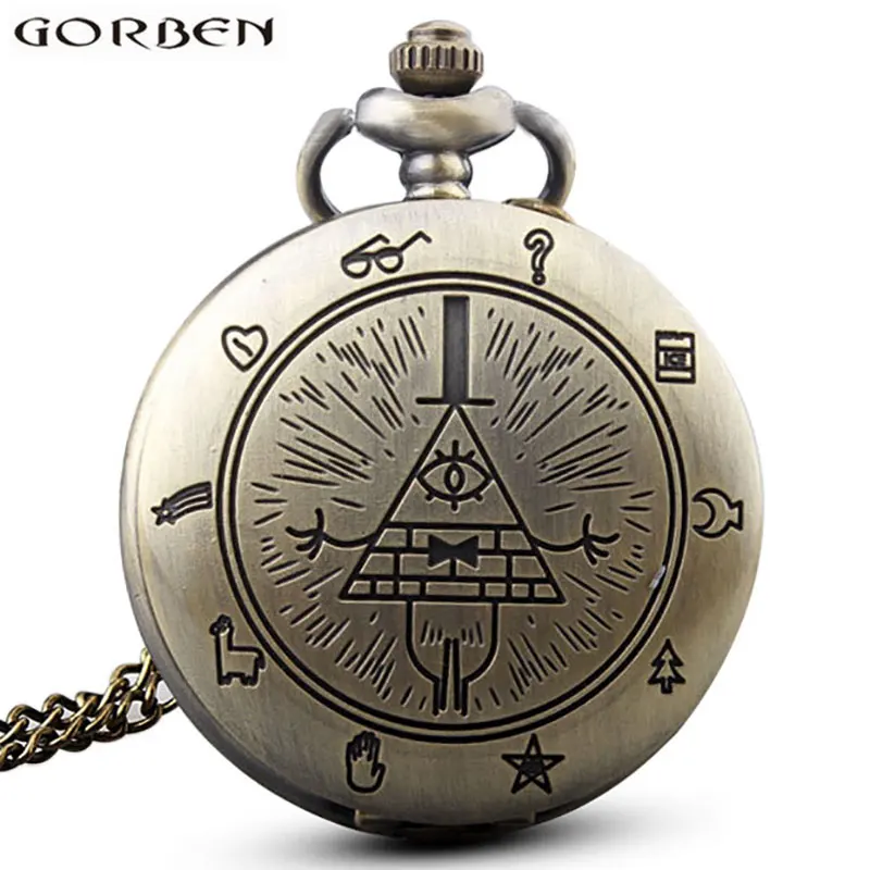 Античная бронза треугольный узор Freemason кварцевые карманные часы ожерелье для