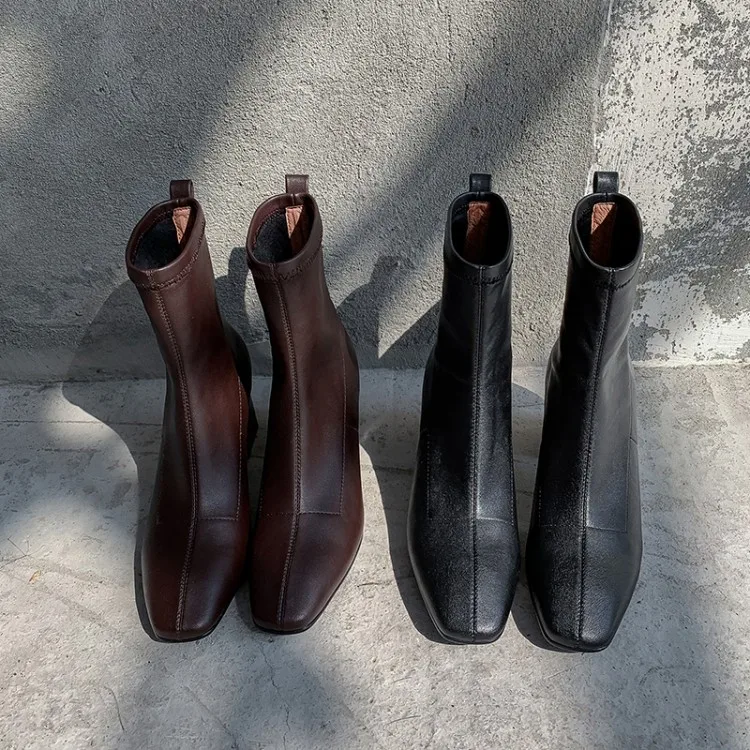 MLJUESE/; женские ботильоны из мягкой лакированной кожи; сезон осень-весна; цвет коричневый; женские ботинки с квадратным носком на высоком каблуке; размеры 34-40