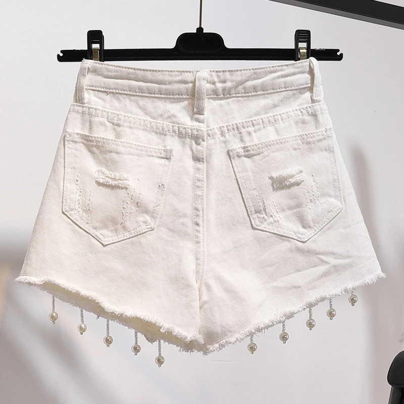 Pus Size 5XL 2018 Summer Women 3D Flower Pearl Tassels Denim Shorts Sexy Hole White Jeans Shorts Shorts
