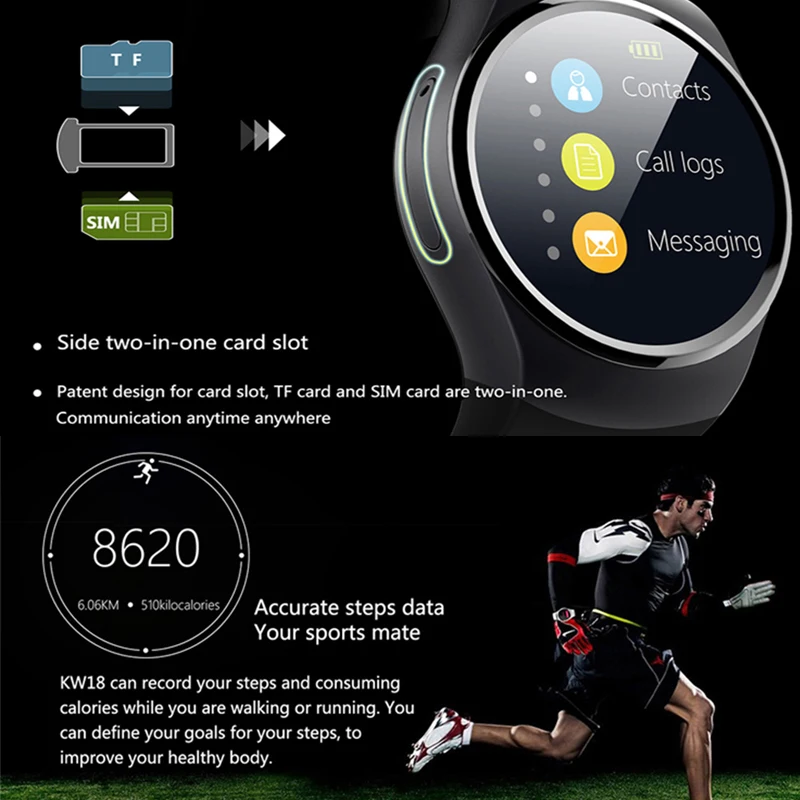 KW18 Smart Watch Connected Wristwatch For Samsung Xiaomi Android Support Heart Rate Monitor Call Messager Smartwatch phone