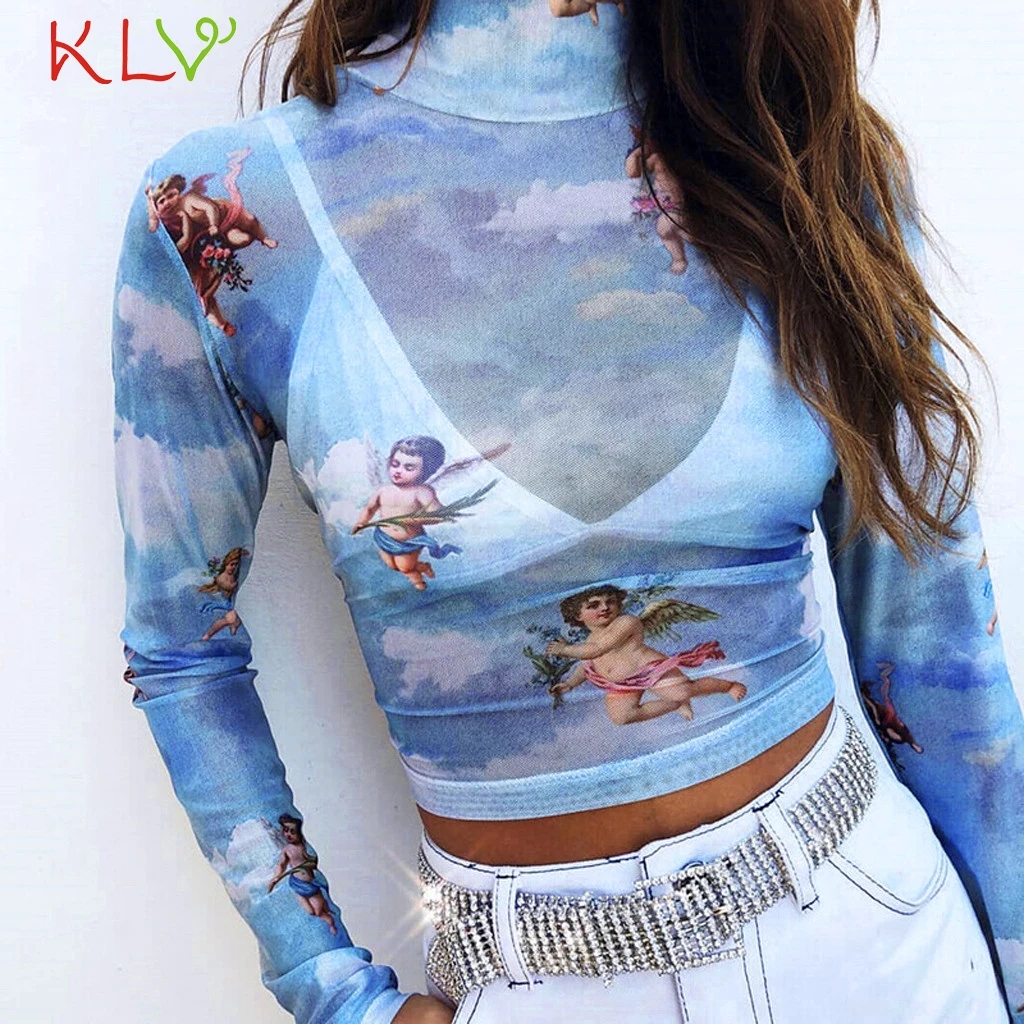 

Mesh Top Women Sexy Turtleneck Angle Sky Net Short Transparent T Shirt Harajuku Undershirt Tee Camisas Femininas Clubwear 18Jan8
